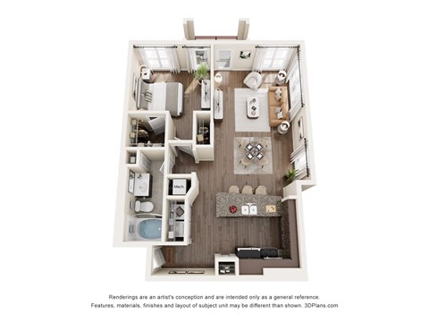 Floor plan for 1 bed, 1 bath, 859 sqft